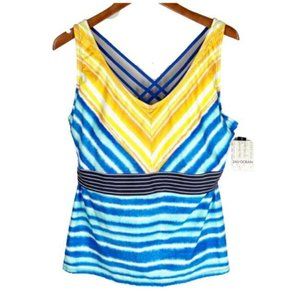 24th Ocean Swimsuit Plus Size 16W Crossback Tankini Top Blue White Yellow NEW